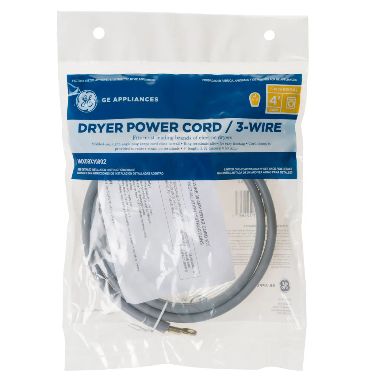GE Dryer Power Cord 3-Wire 30 Amp 4 Ft WX09X10002