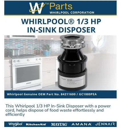 Whirlpool 1/3 HP Garbage Disposer With Power Cord 84211600