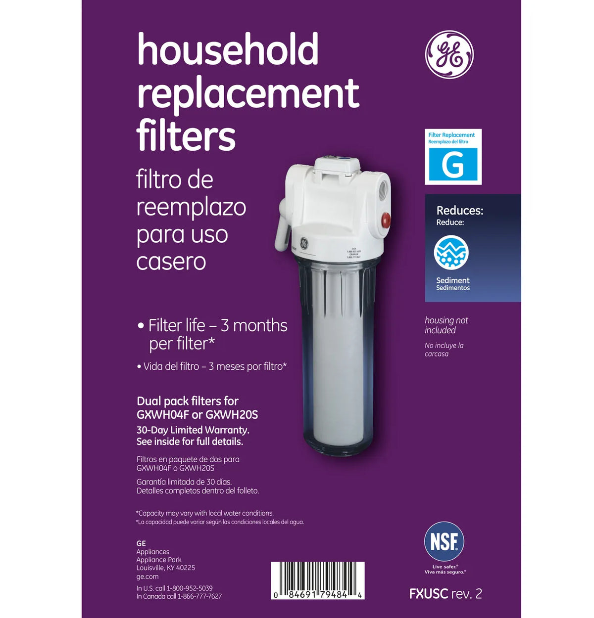 GE Whole Home Sediment Water Filter, 2 Pack FXUSC