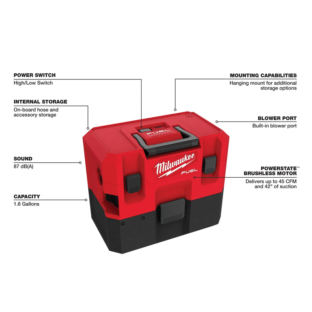 Milwaukee M12 Fuel 1.6 Gallon Wet/Dry Vacuum, Tool Only 0960-20