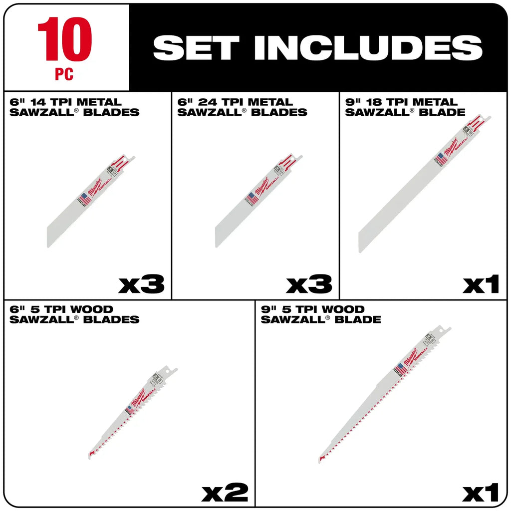 Milwaukee Sawzall Reciprocating Saw Blade Set, 10-Piece 49-22-1110
