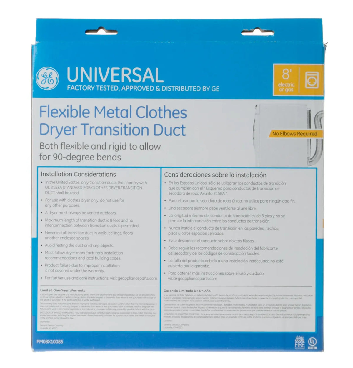 GE Flexible Metal Dryer Transition Duct, 4 In. x 8 Ft. PM08X10085
