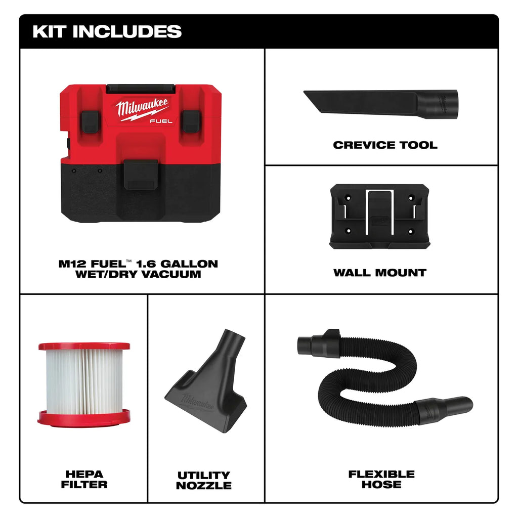 Milwaukee M12 Fuel 1.6 Gallon Wet/Dry Vacuum, Tool Only 0960-20