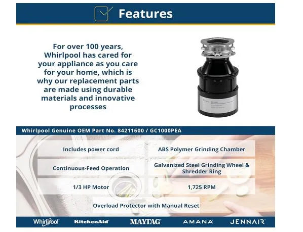 Whirlpool 1/3 HP Garbage Disposer With Power Cord 84211600